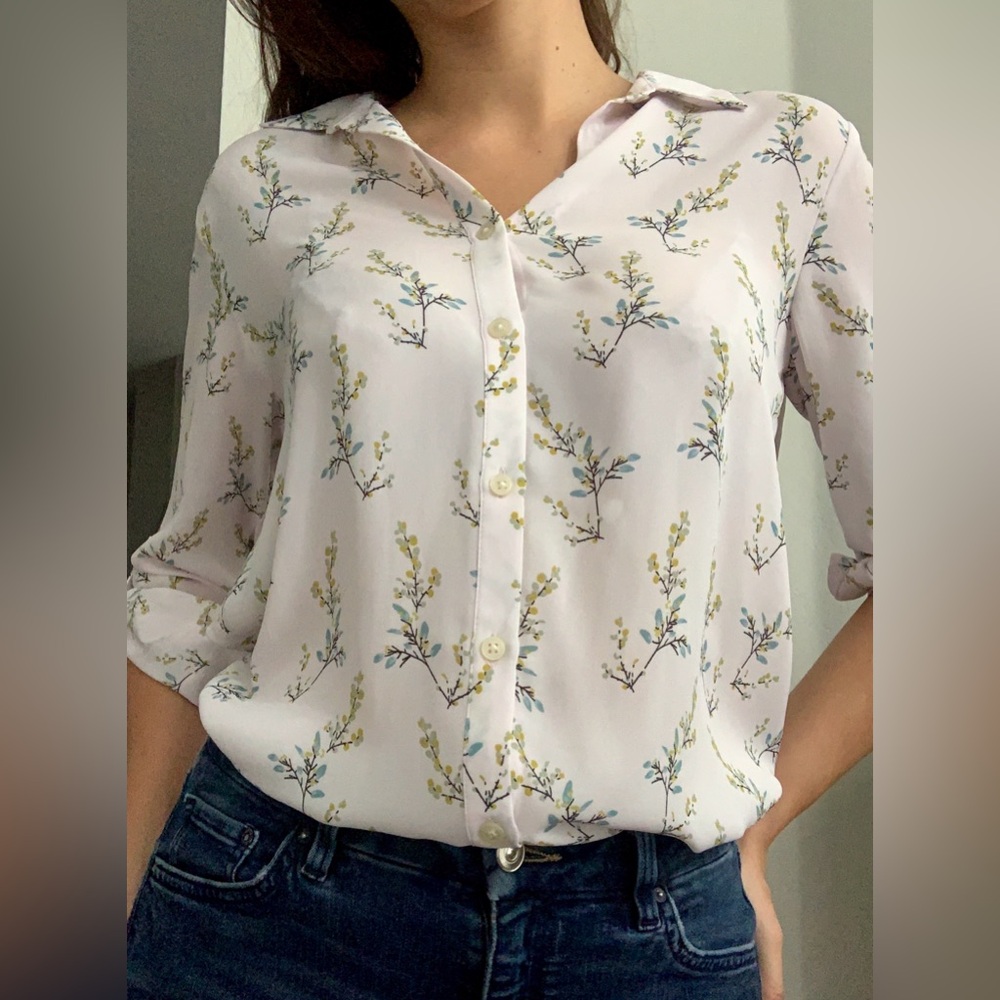 LOFT Floral Button Down Shirt - Cream and Blue